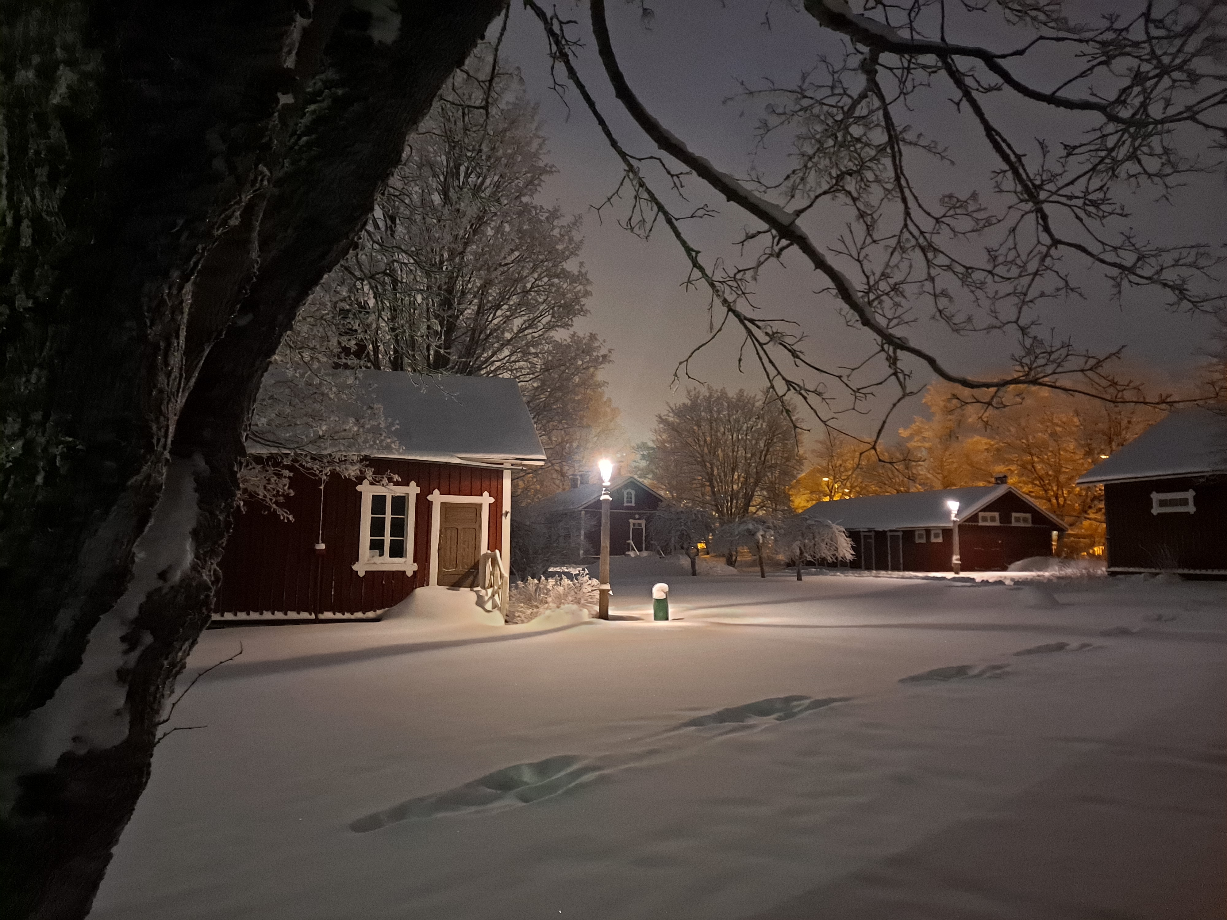 Illanhämärässä talvinen luminen piha, etualalla puurunko, taustalla lumisia puita ja vanhoja puurakennuksia.