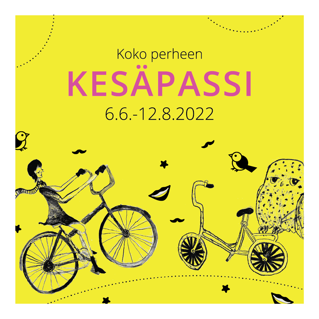 Keltainen Kesäpassi-mainos, jossa on piirrettynä kaksi polkupyörää, joiden kyydissä on nainen ja pöllö.