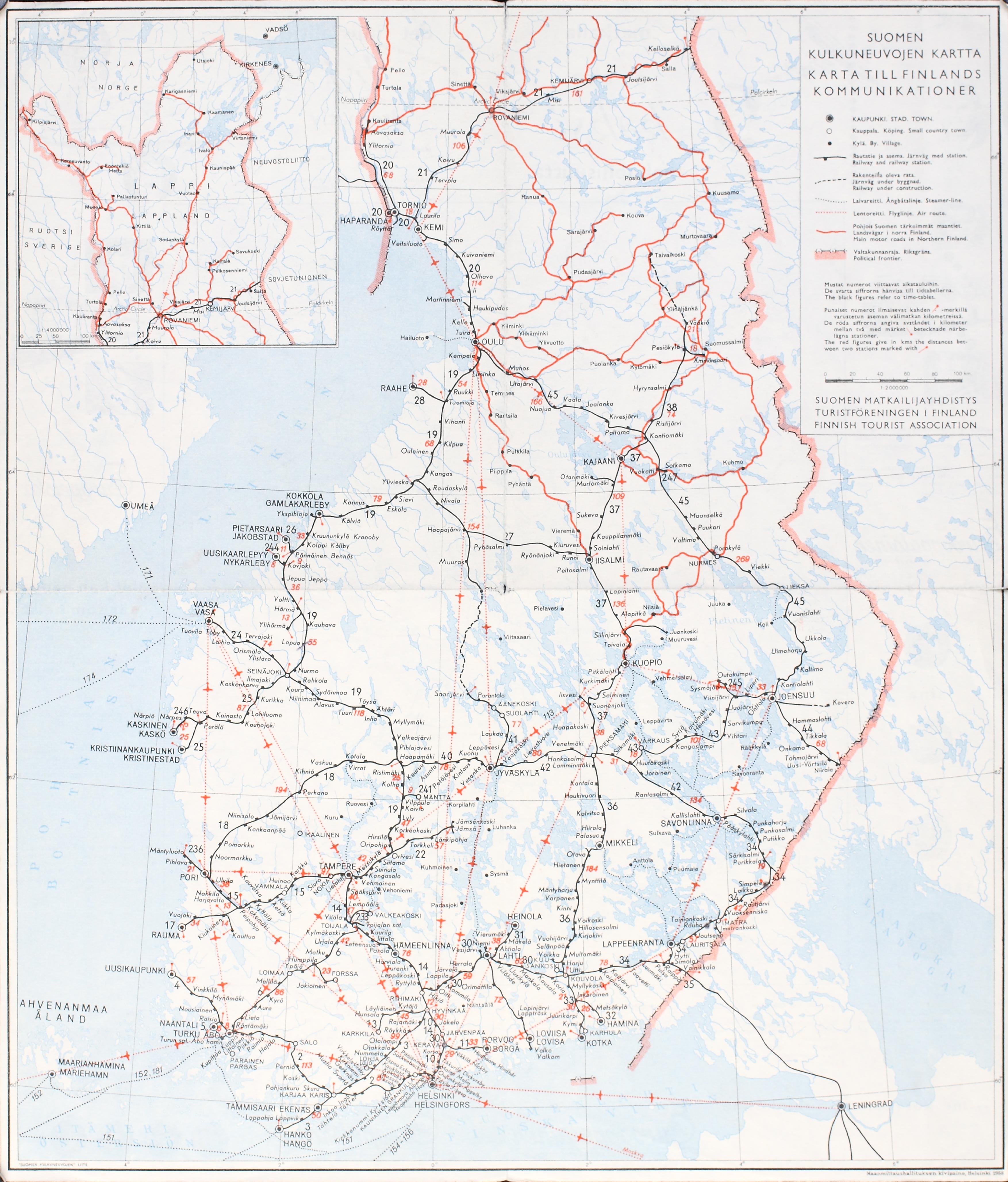Suomen kartta vuodelta 1958, jossa matkailureitit.