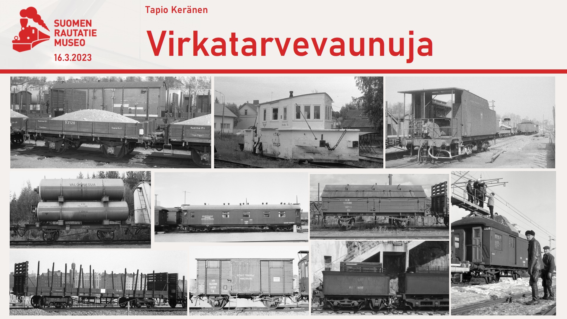 Esitelmädia, jossa monta kuvaa erilaisista erikoisista rautatievaunuista, kuten lumiaura ja sähköistysvaunu.